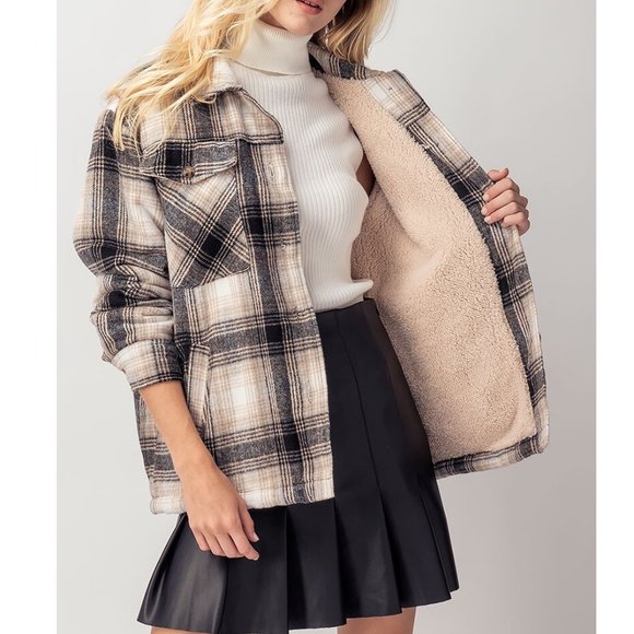 Sherpa Lined Plaid Flannel Shirt Jacket Shacket - Picture 7 of 9